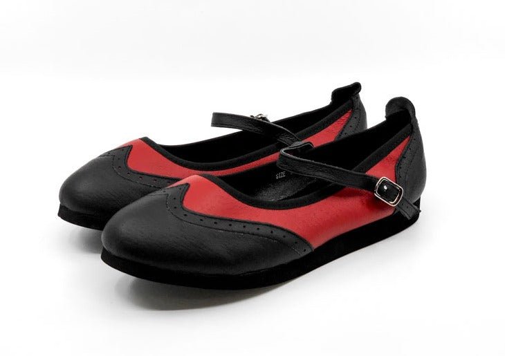 Ladies, Classic, Mary Jane, Wingtip In Black And Red Leather, Dance Shoe - (7820BR) - Rockabilly Australia Pty Ltd