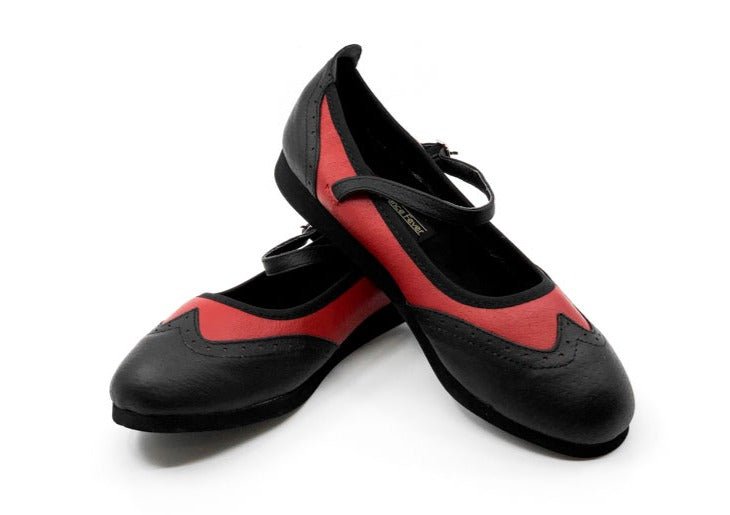 Ladies, Classic, Mary Jane, Wingtip In Black And Red Leather, Dance Shoe - (7820BR) - Rockabilly Australia Pty Ltd