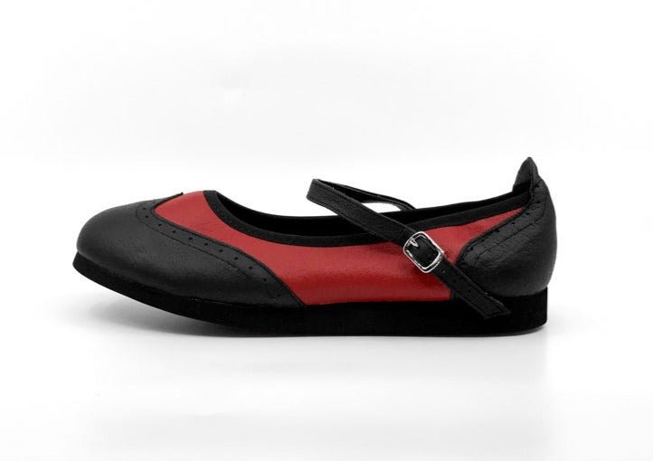 Ladies, Classic, Mary Jane, Wingtip In Black And Red Leather, Dance Shoe - (7820BR) - Rockabilly Australia Pty Ltd