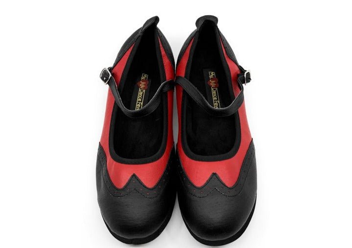 Ladies, Classic, Mary Jane, Wingtip In Black And Red Leather, Dance Shoe - (7820BR) - Rockabilly Australia Pty Ltd