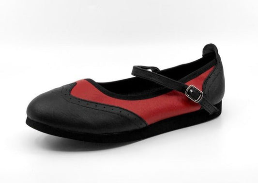 Ladies, Classic, Mary Jane, Wingtip In Black And Red Leather, Dance Shoe - (7820BR) - Rockabilly Australia Pty Ltd