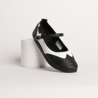 Ladies, Classic, Mary Jane, Wingtip, In Black And White Leather With Dual Pivot Point, Spin Spot And Ultra Flexible, Smooth Sole Dance Shoe - (7820BW - 1) - Rockabilly Australia Pty Ltd