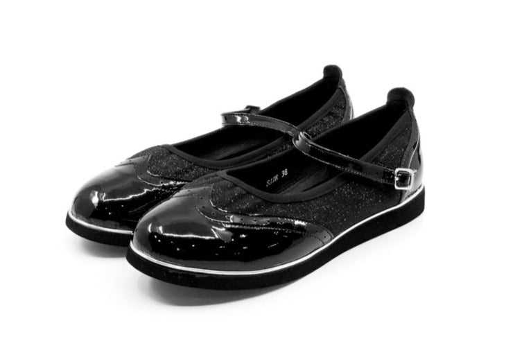 Ladies, Classic, Mary Jane, Wingtip In Black Glitter Leather With Black Patent Accents - (7820BG) - Rockabilly Australia Pty Ltd