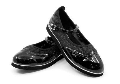 Ladies, Classic, Mary Jane, Wingtip In Black Glitter Leather With Black Patent Accents - (7820BG) - Rockabilly Australia Pty Ltd