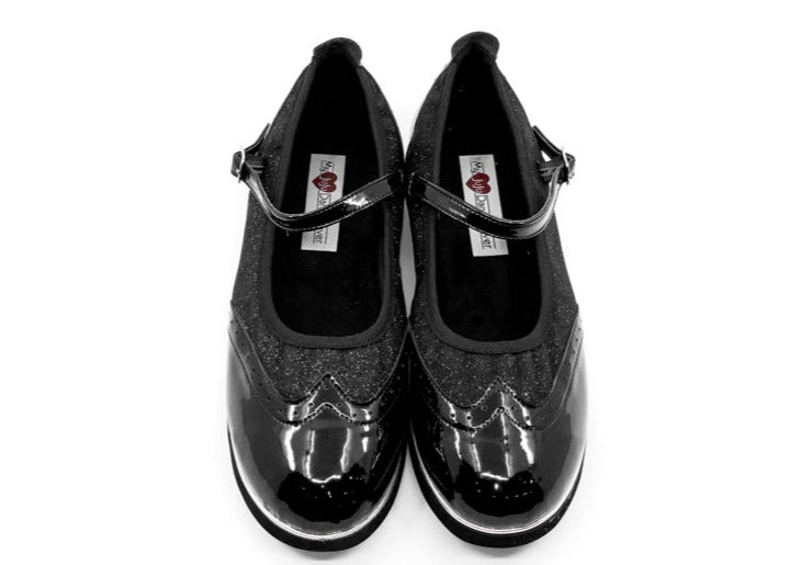 Ladies, Classic, Mary Jane, Wingtip In Black Glitter Leather With Black Patent Accents - (7820BG) - Rockabilly Australia Pty Ltd