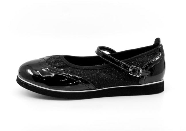 Ladies, Classic, Mary Jane, Wingtip In Black Glitter Leather With Black Patent Accents - (7820BG) - Rockabilly Australia Pty Ltd