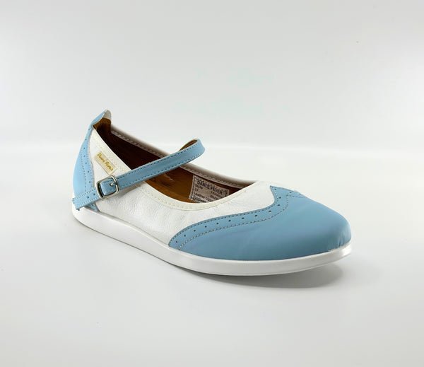 Ladies, Classic, Mary Jane, Wingtip, In Blue And White Leather With Dual Pivot Point, Spin Spot And Ultra Flexible, Smooth Sole Dance Shoe - (7820BLU) - Rockabilly Australia Pty Ltd