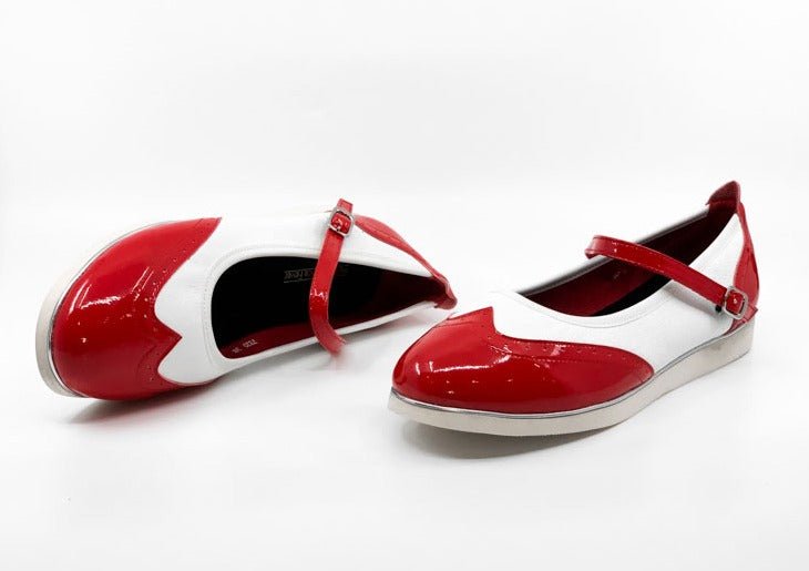 Ladies, Classic, Mary Jane, Wingtip In Red Patent And White Leather Dance Shoe - (7820RW) - Rockabilly Australia Pty Ltd