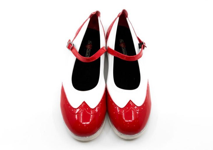 Ladies, Classic, Mary Jane, Wingtip In Red Patent And White Leather Dance Shoe - (7820RW) - Rockabilly Australia Pty Ltd