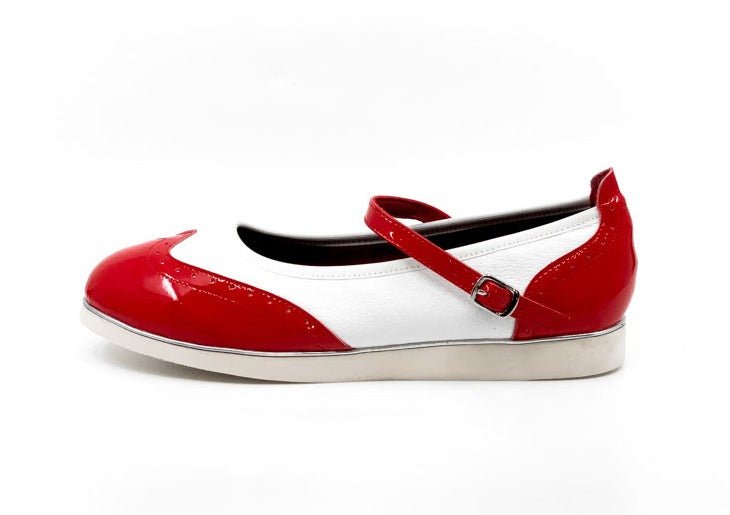 Ladies, Classic, Mary Jane, Wingtip In Red Patent And White Leather Dance Shoe - (7820RW) - Rockabilly Australia Pty Ltd