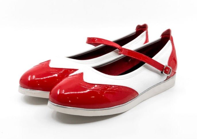 Ladies, Classic, Mary Jane, Wingtip In Red Patent And White Leather Dance Shoe - (7820RW) - Rockabilly Australia Pty Ltd