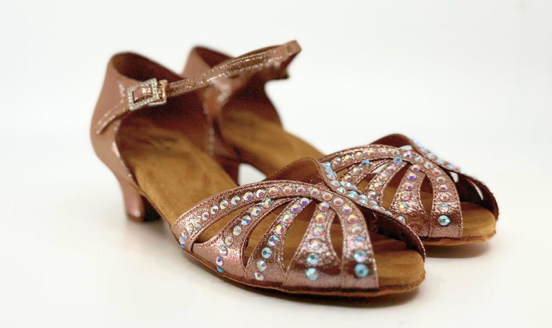 Ladies, Classic, Peep Toe, 1.5 Inch, Junior Heel, Dance Shoe In Shimmer Rose Gold Satin With AB Rhinestone - (S117A) - Rockabilly Australia Pty Ltd