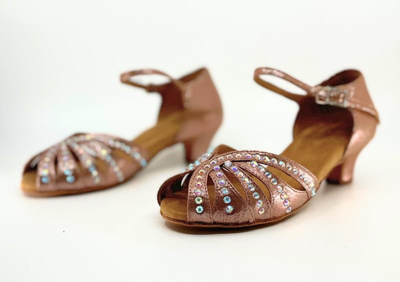 Ladies, Classic, Peep Toe, 1.5 Inch, Junior Heel, Dance Shoe In Shimmer Rose Gold Satin With AB Rhinestone - (S117A) - Rockabilly Australia Pty Ltd