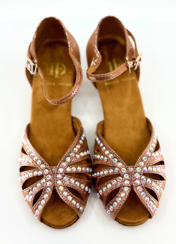 Ladies, Classic, Peep Toe, 1.5 Inch, Junior Heel, Dance Shoe In Shimmer Rose Gold Satin With AB Rhinestone - (S117A) - Rockabilly Australia Pty Ltd