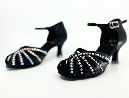 Ladies, Classic, Peep Toe, 2.25 Inch, Flared Heel, Dance Shoe In Shimmer Gold Satin With AB Rhinestone. - (S117) - Rockabilly Australia Pty Ltd