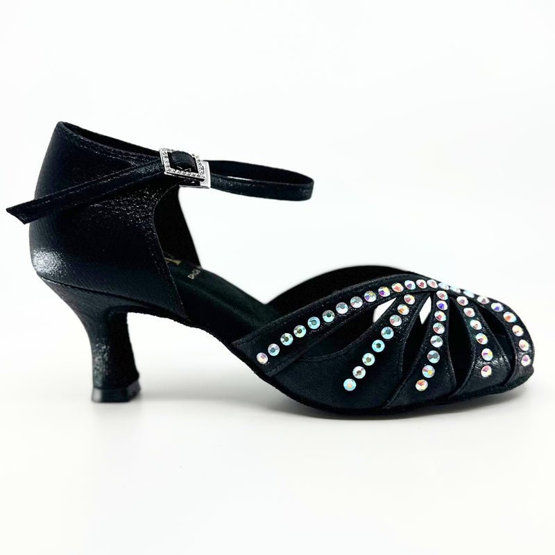 Ladies, Classic, Peep Toe, 2.25 Inch, Flared Heel, Dance Shoe In Shimmer Gold Satin With AB Rhinestone. - (S117) - Rockabilly Australia Pty Ltd
