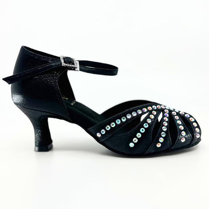 Ladies, Classic, Peep Toe, 2.25 Inch, Flared Heel, Dance Shoe In Shimmer Gold Satin With AB Rhinestone. - (S117) - Rockabilly Australia Pty Ltd