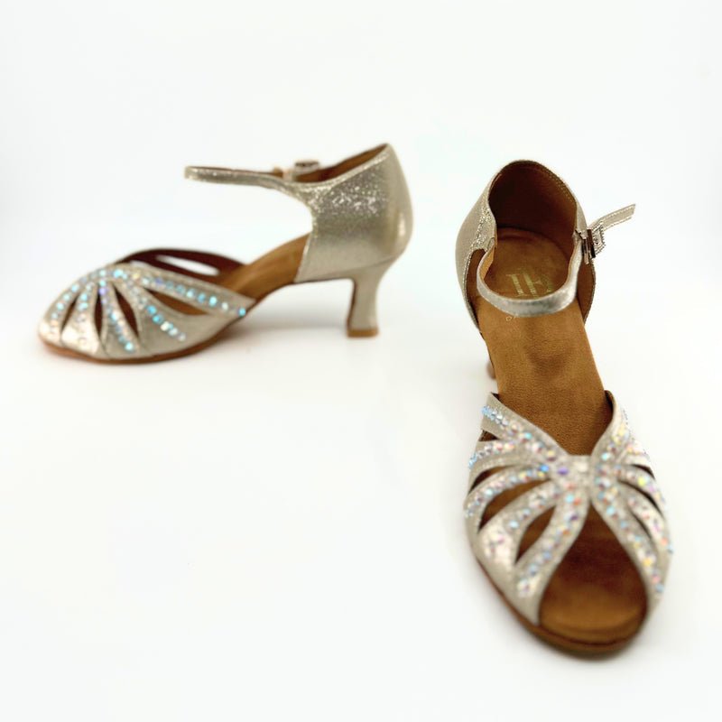 Ladies, Classic, Peep Toe, 2.25 Inch, Flared Heel, Dance Shoe In Shimmer Gold Satin With AB Rhinestone. - (S117) - Rockabilly Australia Pty Ltd