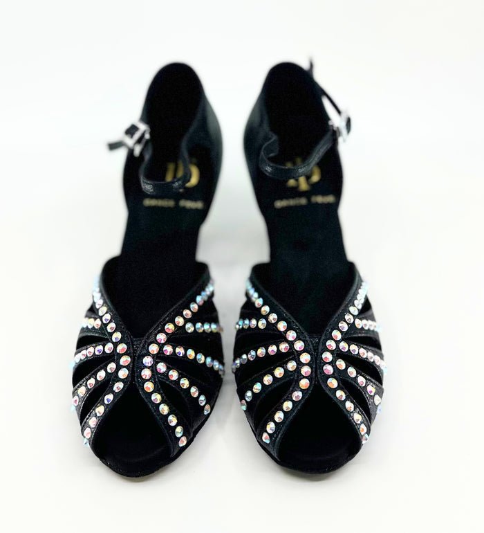 Ladies, Classic, Peep Toe, 2.25 Inch, Flared Heel, Dance Shoe In Shimmer Gold Satin With AB Rhinestone. - (S117) - Rockabilly Australia Pty Ltd
