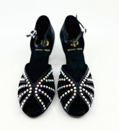 Ladies, Classic, Peep Toe, 2.25 Inch, Flared Heel, Dance Shoe In Shimmer Gold Satin With AB Rhinestone. - (S117) - Rockabilly Australia Pty Ltd
