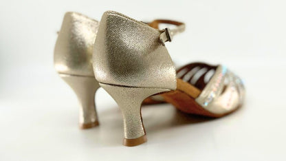 Ladies, Classic, Peep Toe, 2.25 Inch, Flared Heel, Dance Shoe In Shimmer Gold Satin With AB Rhinestone. - (S117) - Rockabilly Australia Pty Ltd