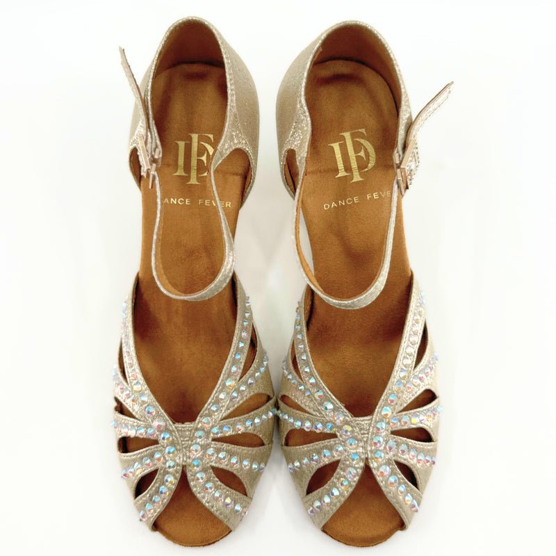 Ladies, Classic, Peep Toe, 2.25 Inch, Flared Heel, Dance Shoe In Shimmer Gold Satin With AB Rhinestone. - (S117) - Rockabilly Australia Pty Ltd