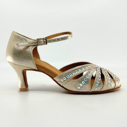 Ladies, Classic, Peep Toe, 2.25 Inch, Flared Heel, Dance Shoe In Shimmer Gold Satin With AB Rhinestone. - (S117) - Rockabilly Australia Pty Ltd