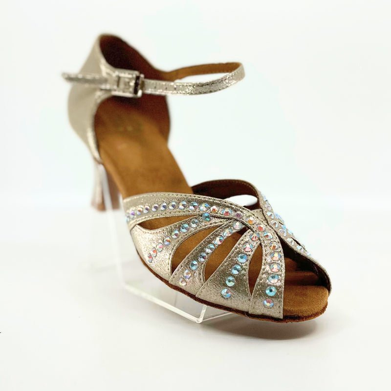 Ladies, Classic, Peep Toe, 2.25 Inch, Flared Heel, Dance Shoe In Shimmer Gold Satin With AB Rhinestone. - (S117) - Rockabilly Australia Pty Ltd