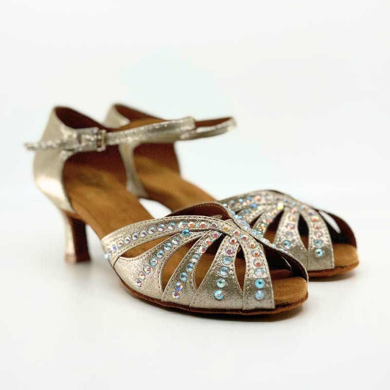 Ladies, Classic, Peep Toe, 2.25 Inch, Flared Heel, Dance Shoe In Shimmer Gold Satin With AB Rhinestone. - (S117) - Rockabilly Australia Pty Ltd