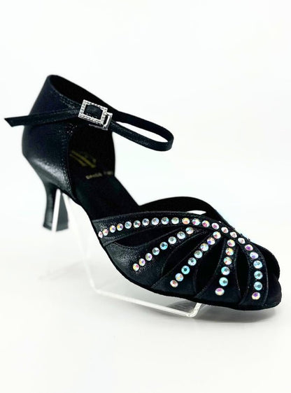Ladies, Classic, Peep Toe, 2.25 Inch, Flared Heel, Dance Shoe In Shimmer Gold Satin With AB Rhinestone. - (S117) - Rockabilly Australia Pty Ltd