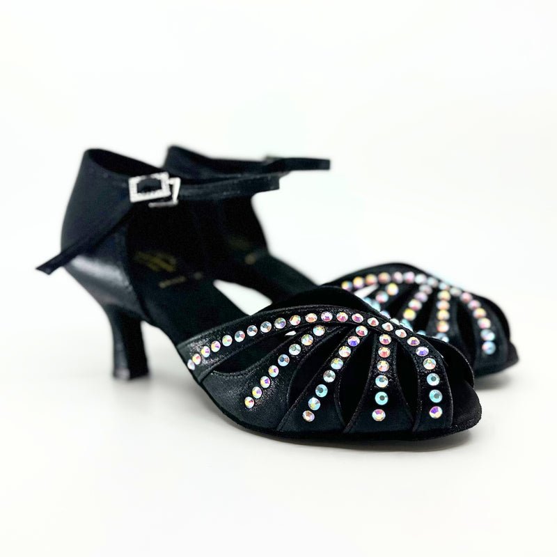 Ladies, Classic, Peep Toe, 2.25 Inch, Flared Heel, Dance Shoe In Shimmer Gold Satin With AB Rhinestone. - (S117) - Rockabilly Australia Pty Ltd