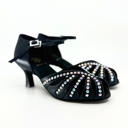 Ladies, Classic, Peep Toe, 2.25 Inch, Flared Heel, Dance Shoe In Shimmer Gold Satin With AB Rhinestone. - (S117) - Rockabilly Australia Pty Ltd