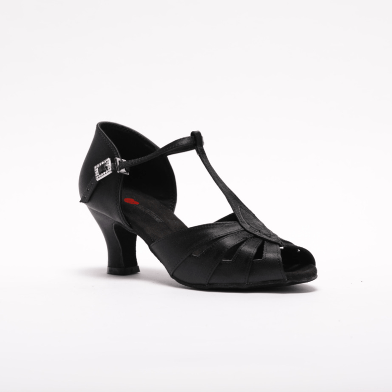 Ladies, Classic, Peep Toe, 4 Strap, Satin Vamp, T - Bar Dance Shoe in Black - (S230) - Rockabilly Australia Pty Ltd