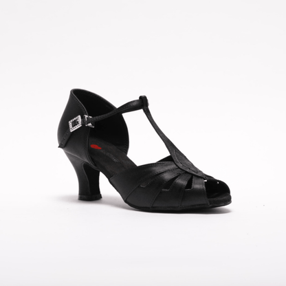 Ladies, Classic, Peep Toe, 4 Strap, Satin Vamp, T - Bar Dance Shoe in Black - (S230) - Rockabilly Australia Pty Ltd