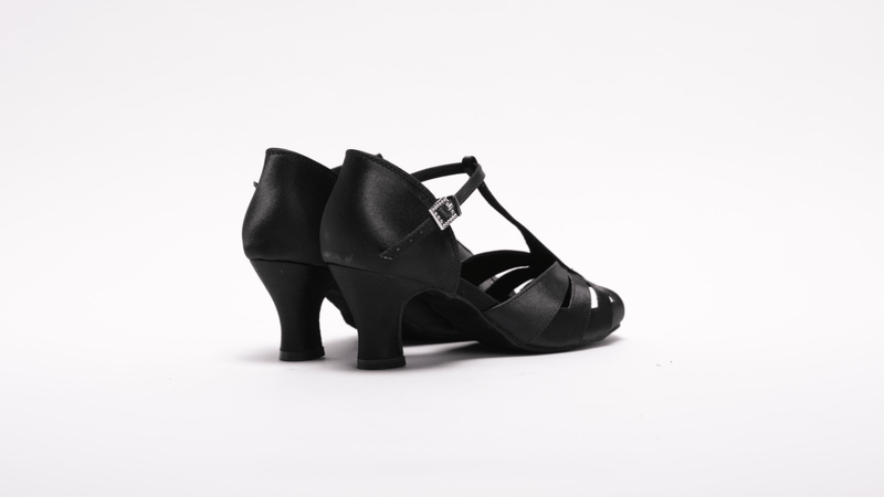 Ladies, Classic, Peep Toe, 4 Strap, Satin Vamp, T - Bar Dance Shoe in Black - (S230) - Rockabilly Australia Pty Ltd