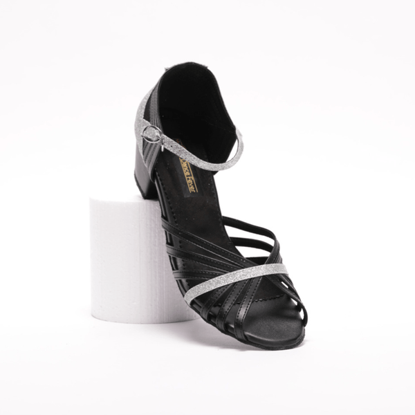 Ladies, Classic, Peep Toe, 7 Strap Vamp, 1.5 Inch, Cuban Heel, Black Leather with Silver Glitter detailing, Dance Shoe - (S223D) - Rockabilly Australia Pty Ltd