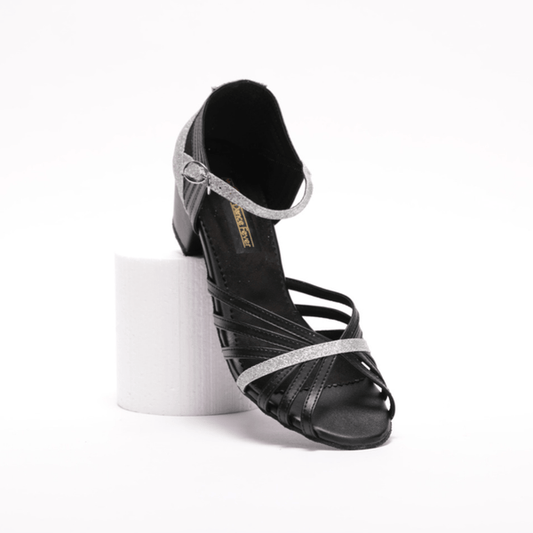 Ladies, Classic, Peep Toe, 7 Strap Vamp, 1.5 Inch, Cuban Heel, Black Leather with Silver Glitter detailing, Dance Shoe - (S223D) - Rockabilly Australia Pty Ltd