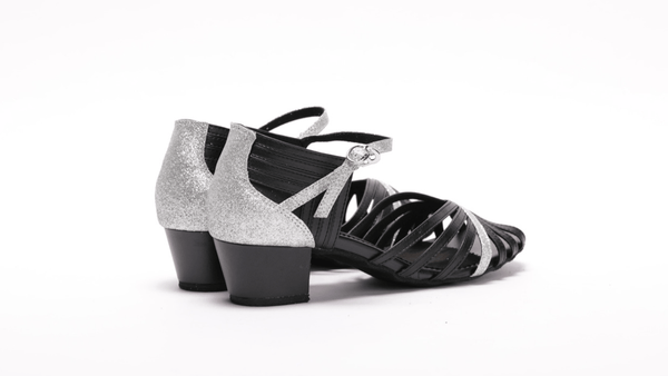 Ladies, Classic, Peep Toe, 7 Strap Vamp, 1.5 Inch, Cuban Heel, Black Leather with Silver Glitter detailing, Dance Shoe - (S223D) - Rockabilly Australia Pty Ltd