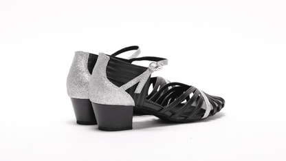 Ladies, Classic, Peep Toe, 7 Strap Vamp, 1.5 Inch, Cuban Heel, Black Leather with Silver Glitter detailing, Dance Shoe - (S223D) - Rockabilly Australia Pty Ltd