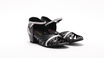 Ladies, Classic, Peep Toe, 7 Strap Vamp, 1.5 Inch, Cuban Heel, Black Leather with Silver Glitter detailing, Dance Shoe - (S223D) - Rockabilly Australia Pty Ltd