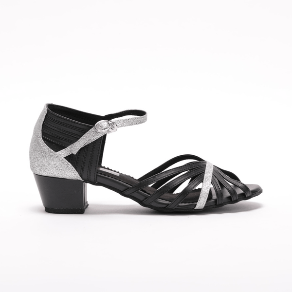 Ladies, Classic, Peep Toe, 7 Strap Vamp, 1.5 Inch, Cuban Heel, Black Leather with Silver Glitter detailing, Dance Shoe - (S223D) - Rockabilly Australia Pty Ltd