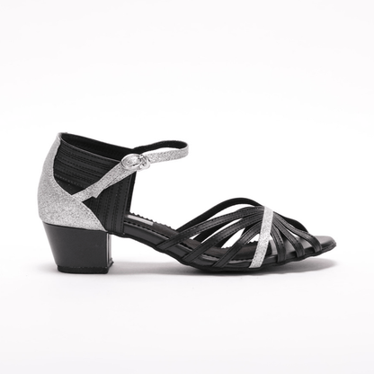 Ladies, Classic, Peep Toe, 7 Strap Vamp, 1.5 Inch, Cuban Heel, Black Leather with Silver Glitter detailing, Dance Shoe - (S223D) - Rockabilly Australia Pty Ltd