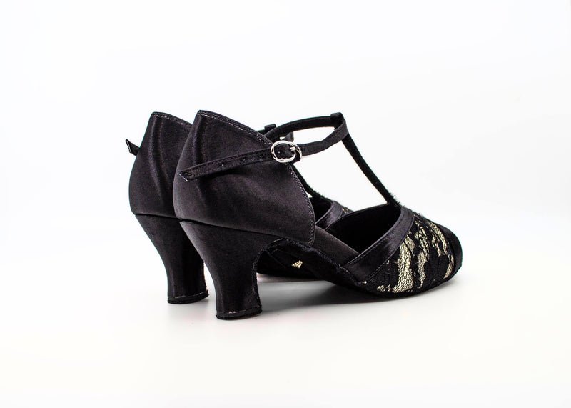 Ladies, Classic, Peep Toe, Diamonte encrusted T - Bar, 2.25 Inch Spanish Heel in Black Silk and Lace Dance Shoe - (S7390B) - Rockabilly Australia Pty Ltd