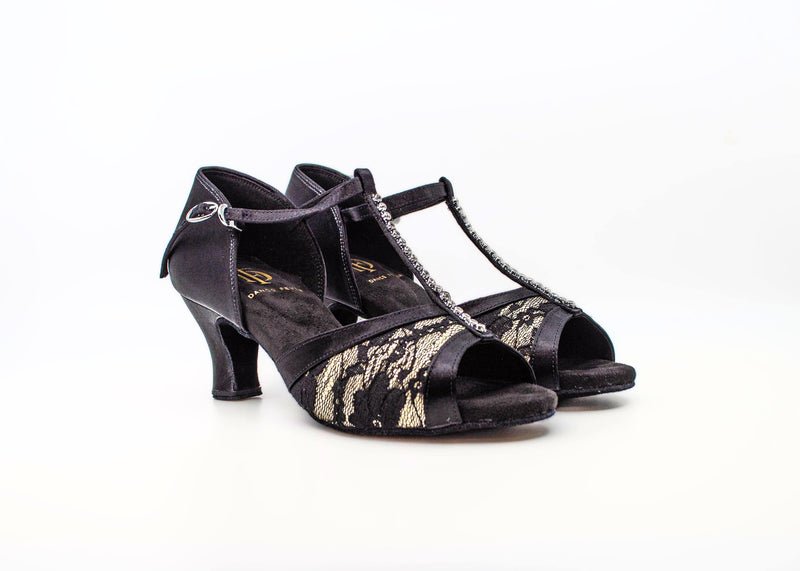 Ladies, Classic, Peep Toe, Diamonte encrusted T - Bar, 2.25 Inch Spanish Heel in Black Silk and Lace Dance Shoe - (S7390B) - Rockabilly Australia Pty Ltd