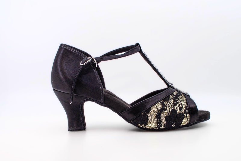 Ladies, Classic, Peep Toe, Diamonte encrusted T - Bar, 2.25 Inch Spanish Heel in Black Silk and Lace Dance Shoe - (S7390B) - Rockabilly Australia Pty Ltd