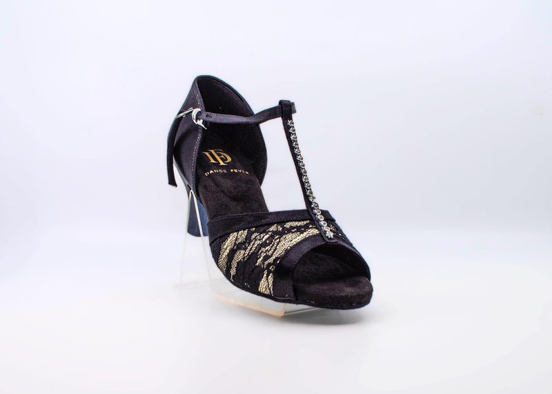 Ladies, Classic, Peep Toe, Diamonte encrusted T - Bar, 2.25 Inch Spanish Heel in Black Silk and Lace Dance Shoe - (S7390B) - Rockabilly Australia Pty Ltd