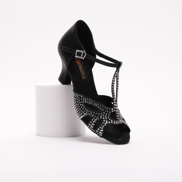 Ladies, Classic, Peep Toe, T - Bar, 2.25 Inch, Spanish Heel, Dance Shoe in Shimmer Black Satin with Silver Rhinestone - (S203B) - Rockabilly Australia Pty Ltd