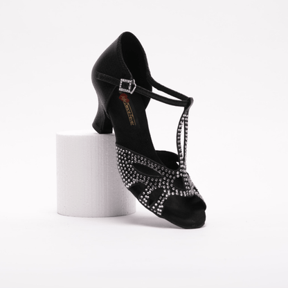 Ladies, Classic, Peep Toe, T - Bar, 2.25 Inch, Spanish Heel, Dance Shoe in Shimmer Black Satin with Silver Rhinestone - (S203B) - Rockabilly Australia Pty Ltd