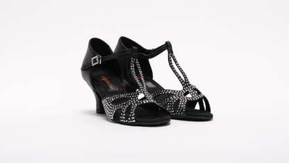 Ladies, Classic, Peep Toe, T - Bar, 2.25 Inch, Spanish Heel, Dance Shoe in Shimmer Black Satin with Silver Rhinestone - (S203B) - Rockabilly Australia Pty Ltd