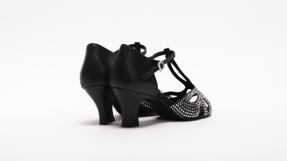 Ladies, Classic, Peep Toe, T - Bar, 2.25 Inch, Spanish Heel, Dance Shoe in Shimmer Black Satin with Silver Rhinestone - (S203B) - Rockabilly Australia Pty Ltd